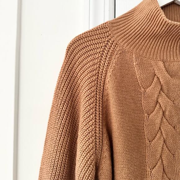 Caroline Constas Cable Knit Wool Sweater Dress Camel Tan Mock Neck Medium Cozy - Picture 5 of 13
